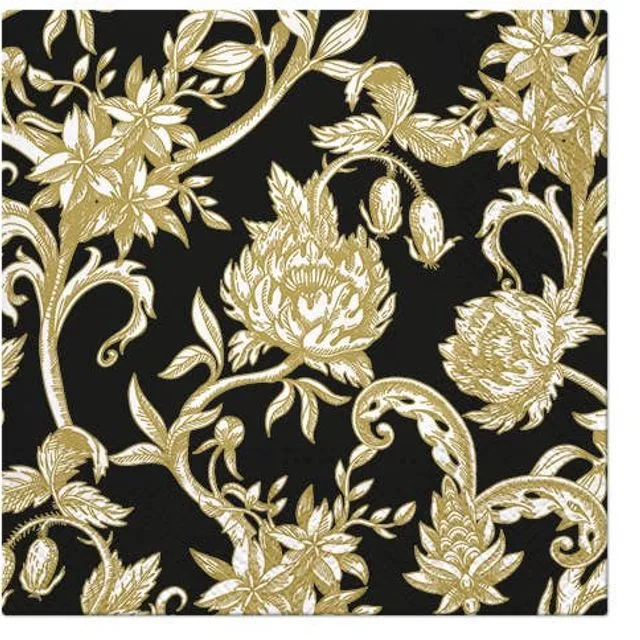 Baroque Flowers on Black Decorative Paper Napkins - Cocktail