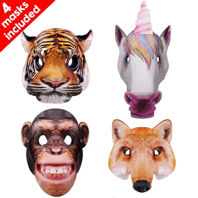 Animal Mask Pack of 4: Tiger, Unicorn, Fox & Chimpanzee