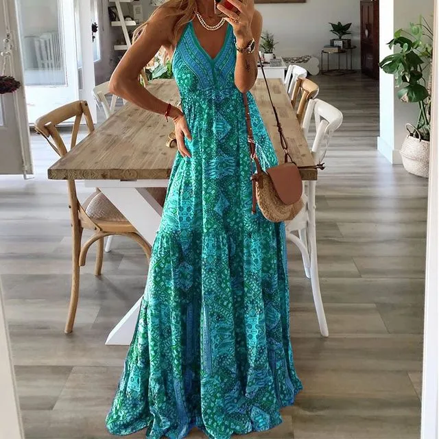 Sexy Halter Print Maxi Dress - BLUE