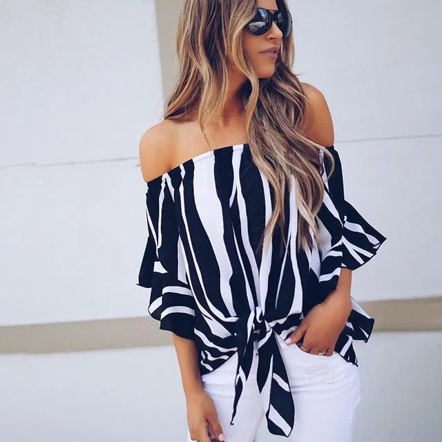 Women's Sexy Striped Print Off-Shoulder Flared Sleeve Top - BLACK