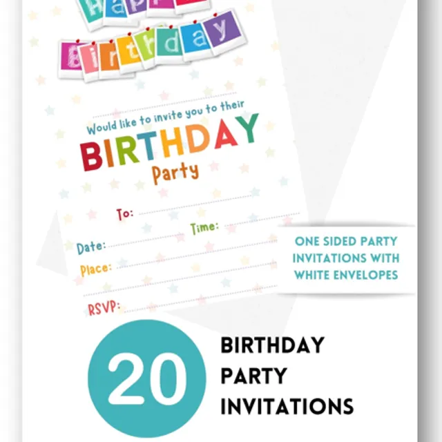 Second Ave 20 Pack Happy Birthday Party Invitations Invite With Envelopes For Children Boys or Girls