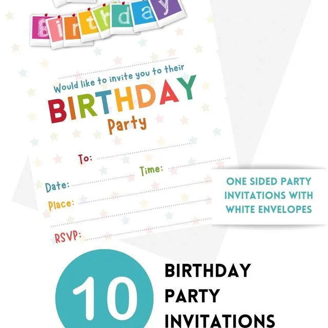 Second Ave 10 Pack Happy Birthday Party Invitations Invite With Envelopes For Children Boys or Girls