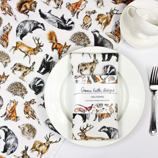 Woodland Animals Cotton Tea Towel | Printed in the UK | Designed by Gemma Keith