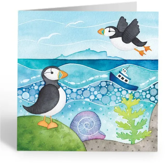Puffins & Boat - Greetings Card - Scottish Seaside Watercolour Art Painting