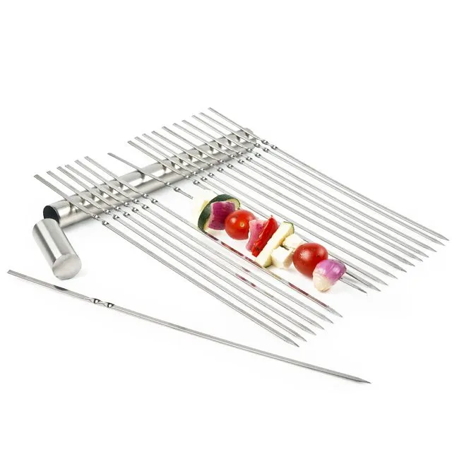 20 Stainless Steel Reusable Barbecue Metal Skewers, 35cm - Flat BBQ Party Grilling Skewer Sticks with Storage