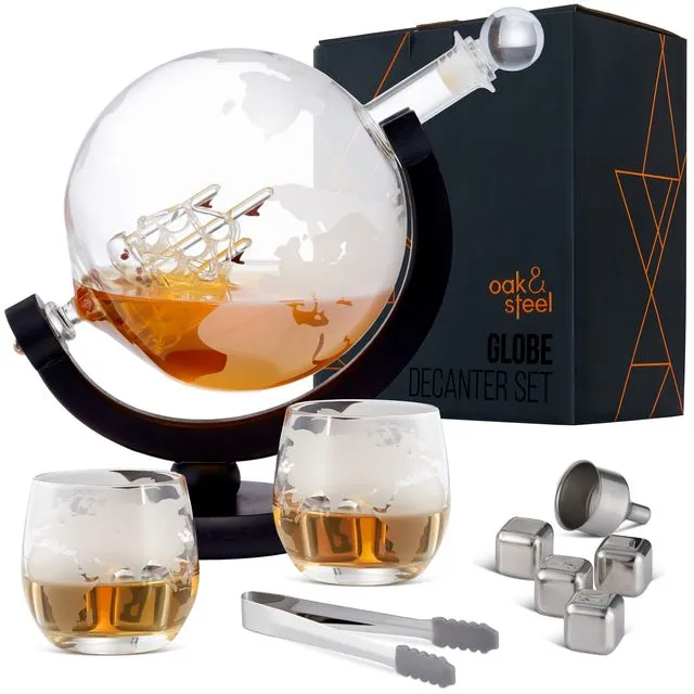 Globe Decanter Gift Set with Glasses, Whiskey Stones, Ice Tongs & Glass Stopper