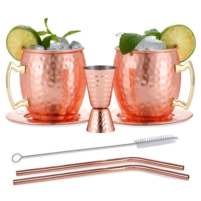 Set of 2 Moscow Mule Cocktail Copper Mug Gift Set with Coasters, Jigger Shot Cup, Straws & Brush
