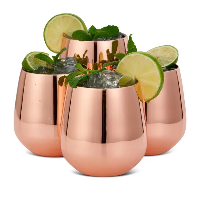 4 Rose Gold Wine Stemless Tumblers Gift Set, Stainless Steel Glass with 4 Straws & Brush - 350 ml