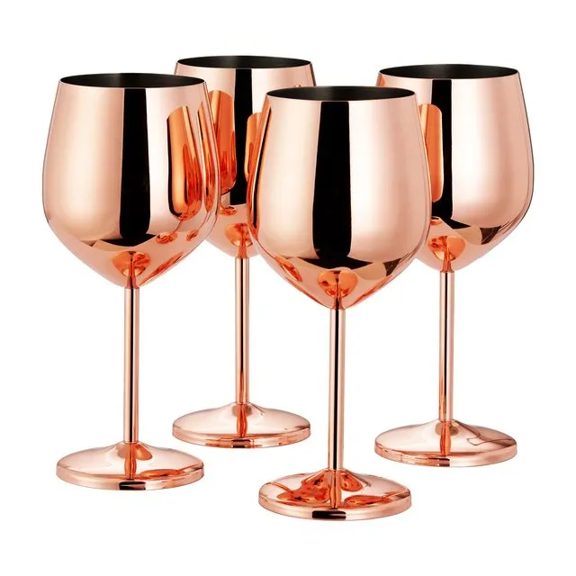 4 Stainless Steel Copper Rose Gold Wine Glasses, 500ml - Shatterproof Party Glass Set with Gift Box