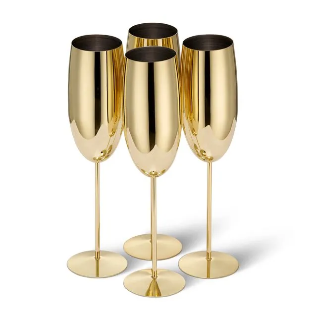 4 Gold Champagne Flutes, Stainless Steel Shatterproof Party Glasses Gift Set - 285ml