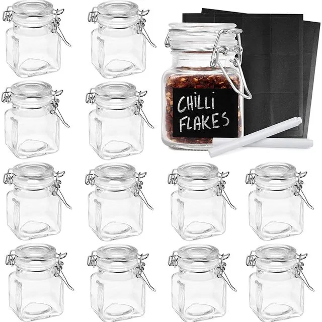12 Mini Clip Top Spice Jars Glass Canister Containers, 100 ml with Labels and Chalk Pen