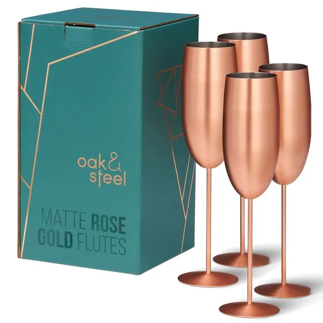 4 Champagne Flutes Prosecco Glasses, Stainless Steel Rose Gold Copper Finish, 285ml - Gift Boxed