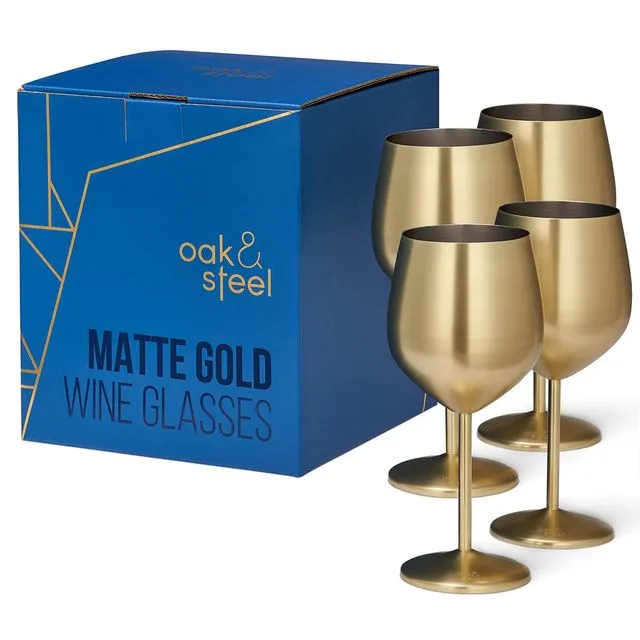 4 Gold Wine Glasses, 540 ml - Matte Stainless Steel Shatterproof Glass Set with Gift Box