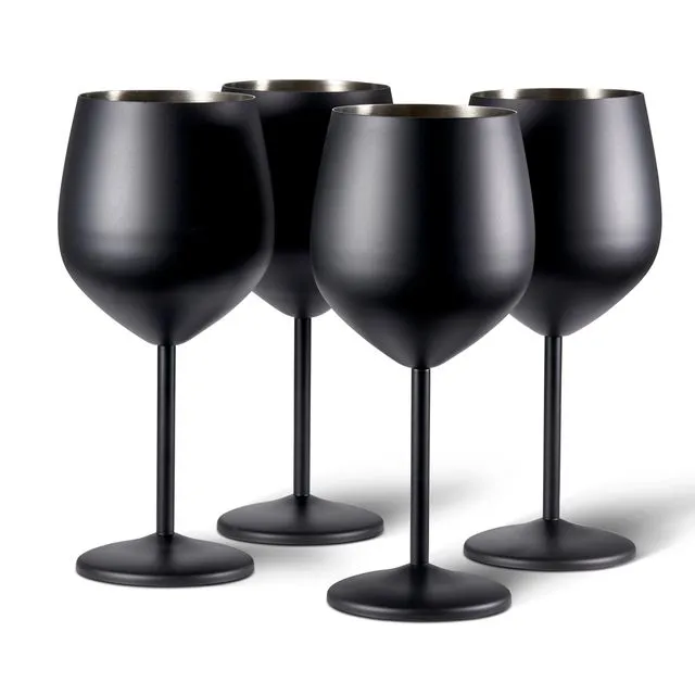 4 Black Wine Glass Gift Set - Stainless Steel Shatterproof Party Glasses, 540ml
