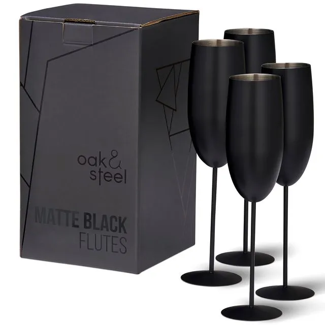 4 Champagne Flute Glasses, Matte Black Stainless Steel Shatterproof Glass Gift Set - 285ml