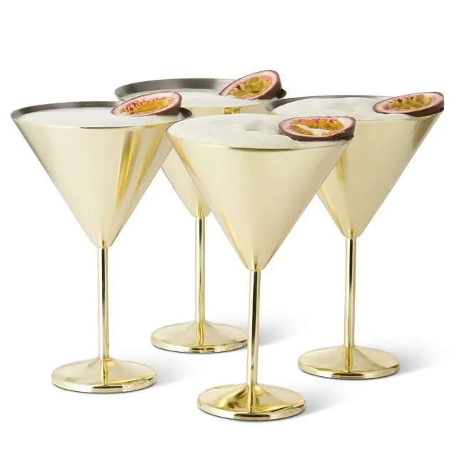 4 Stainless Steel Gold Martini Cocktail Glasses, 460 ml - Gift Boxed