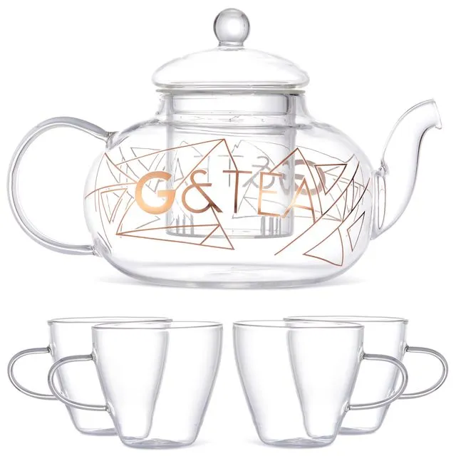 Gin Teapot with Infuser Glass Tea Cup Set for Cocktails - Mother's Day Novelty Gift