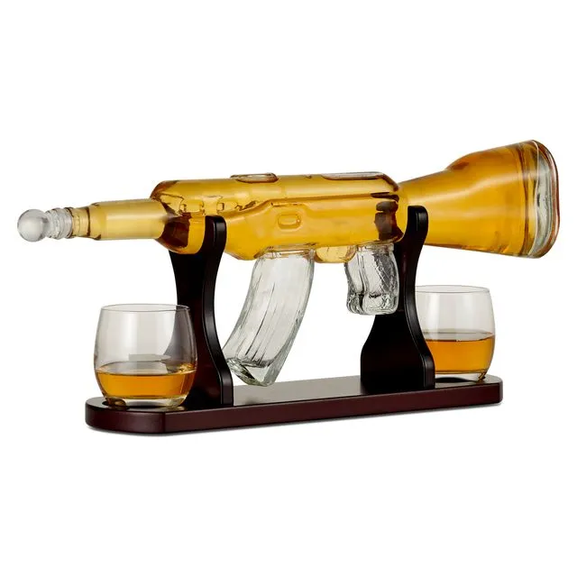 Whiskey Gun Glass Decanter Set with Carved Wooden Stand, Bourbon Scotch Rifle Unique Design Dispenser with Gift Box
