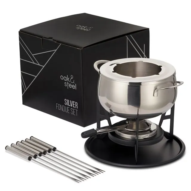 Stainless Steel Silver Fondue Gift Set for Cheese, Chocolate, Meat Broth with Forks - 6 Person