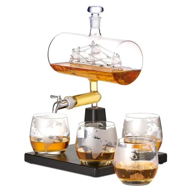 Whiskey Decanter Glass Spirit Dispenser, Wine Rum Carafe Ship Design Glasses Gift Set - 1000ml