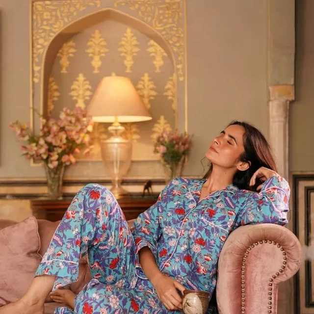Luxury Indian Jaipur Blockprint High Quality Soft Cotton Floral Summer Pyjama Sleep Set | Tropical Dream Turquoise Blue Purple Red White
