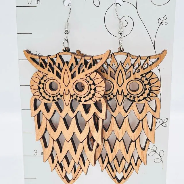 Owl Earrings, Wood Owl Earrings, Acrylic Earrings, Lightweight earrings