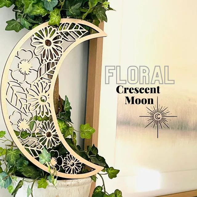 Floral Crescent Moon | Wooden Moon Cutout | Moon Decor | Fireplace Decor | Bookshelf Cross Decor | Celestial Wall Art | Cosmos Cutout