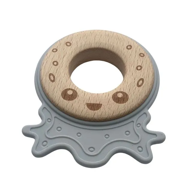 Silicon and Wood Teething Ring | Grey Octopus