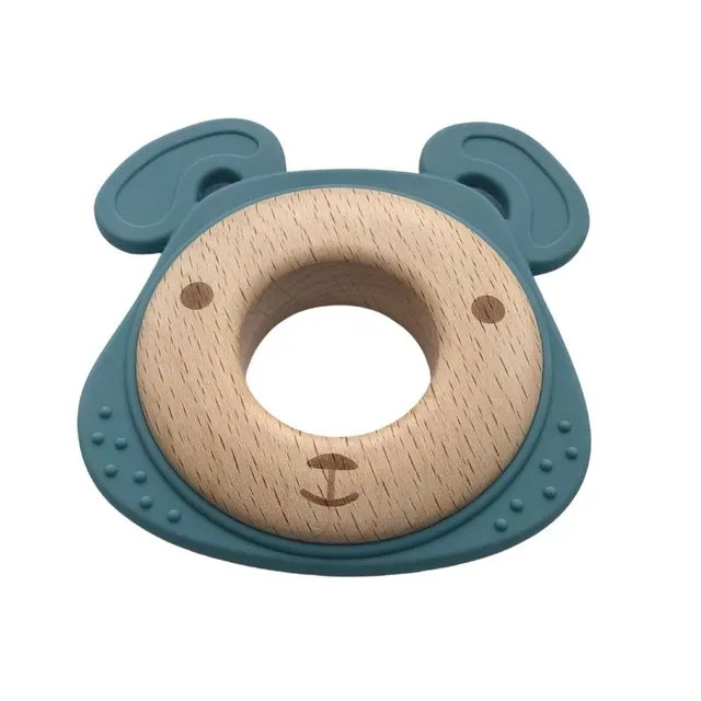 Silicon and Wood Teething Ring | Teal Bear