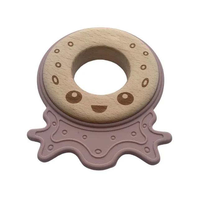 Silicon and Wood Teething Ring | Pink Octopus