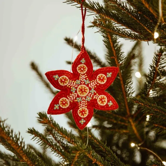 Hand Embroidered Felt Snowflake Tree Ornament