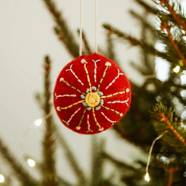 Hand Embroidered Red Felt Tree Bauble