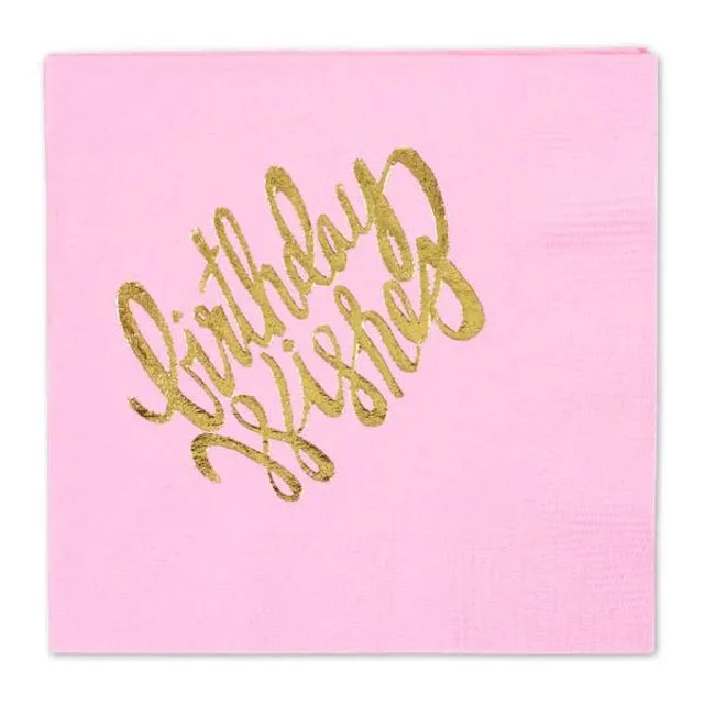 Pink Birthday Wishes Gold Foil Stamped Beverage Napkins 5"