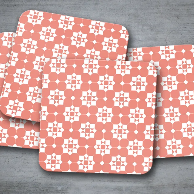 Coral and White Geometric Coasters