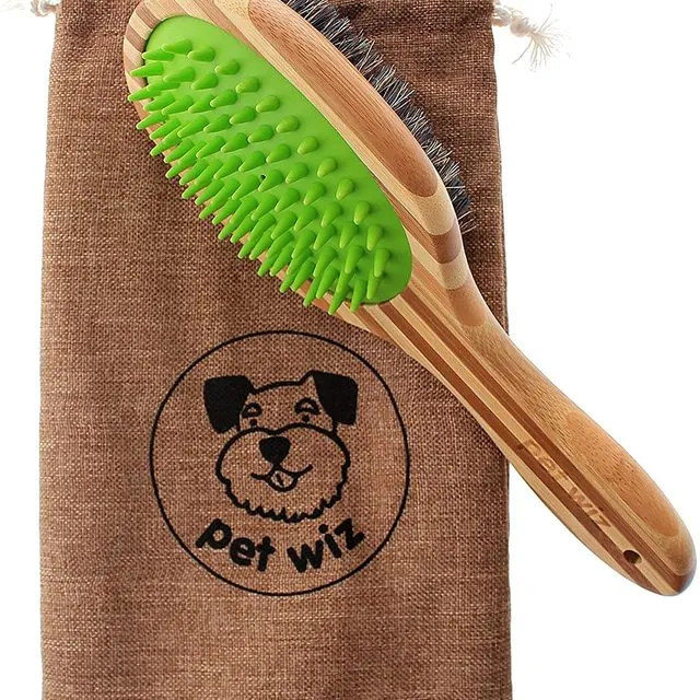 Double Sided Bamboo Dog Brush with Silicone Massager for Grooming