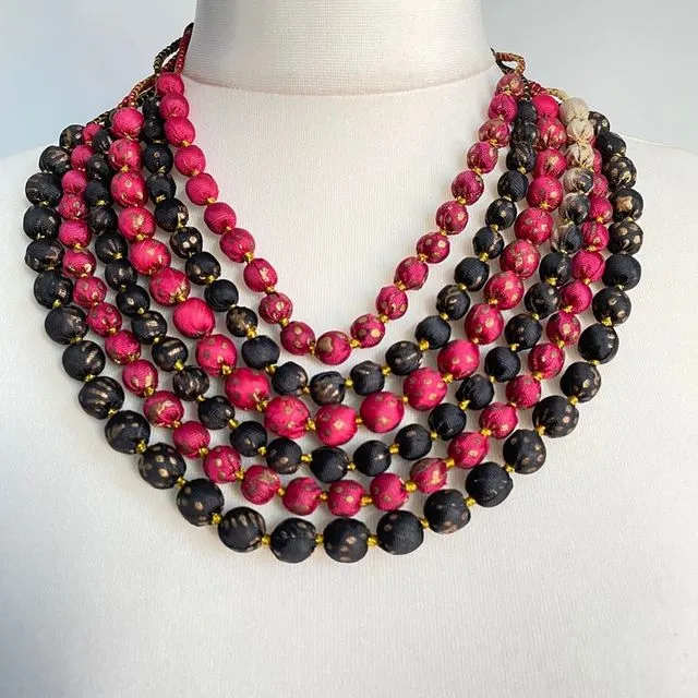 Multi-layered Beaded Necklace-Pink/Charcoal