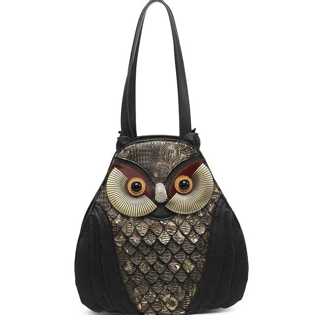 Handmade Ladies Owl Shaped Handbag Cute Shoulder Bag Unique Bag Long Strap - A34218 owl black