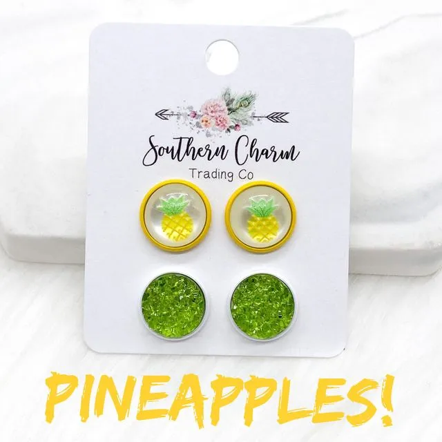 12mm Pineapples & Green Sparkles in Yellow/White Settings