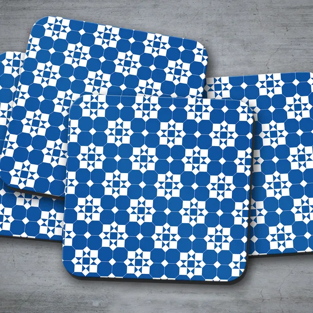 Blue and White Geometric Coasters