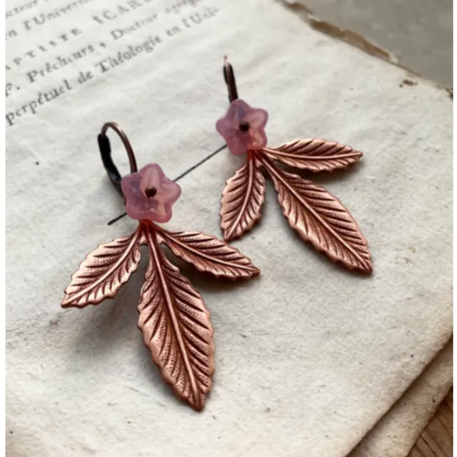 Copper Three Leaf Earrings With Pink Flower