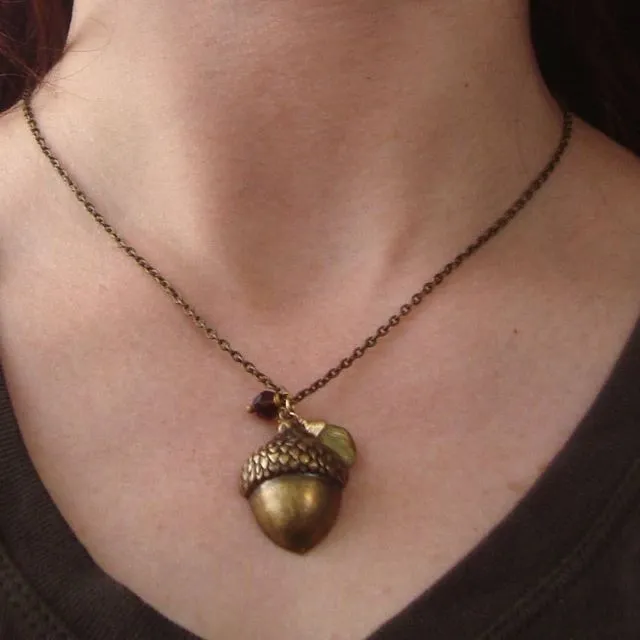 Large Brass Acorn Necklace With Crystal Woodland Jewelry
