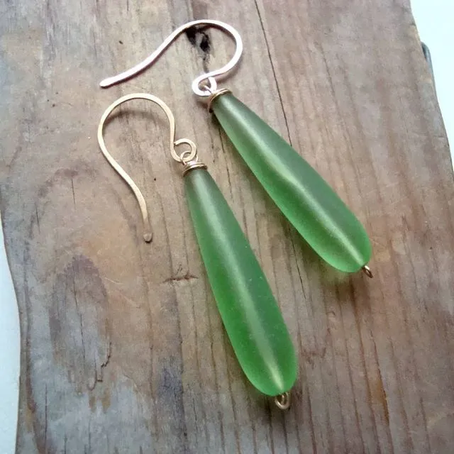 Sea Glass Long Teardrop Earrings in Gold Filled - Clear Green