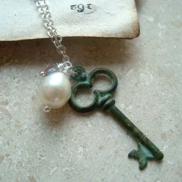 Patina Key Necklace with Freshwater Pearl