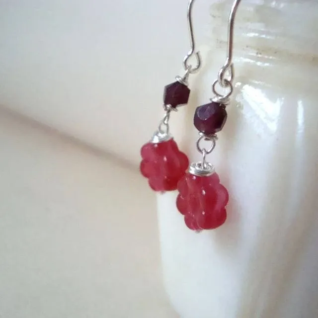 Tiny Garnet and Cranberry Flower Earrings Sterling Silver