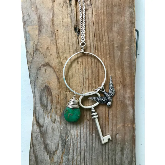 Silver Hoop Necklace With Key, Bird and Turquoise