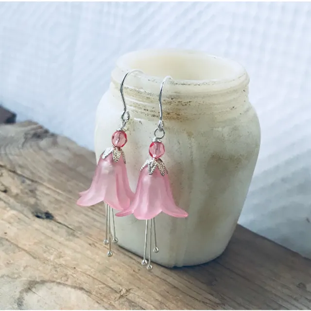 Pink Lucite Blossoms Earrings With Crystal