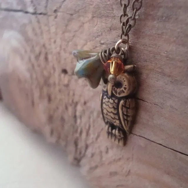 Brass Owl Necklace With Blossom Woodland Jewelry
