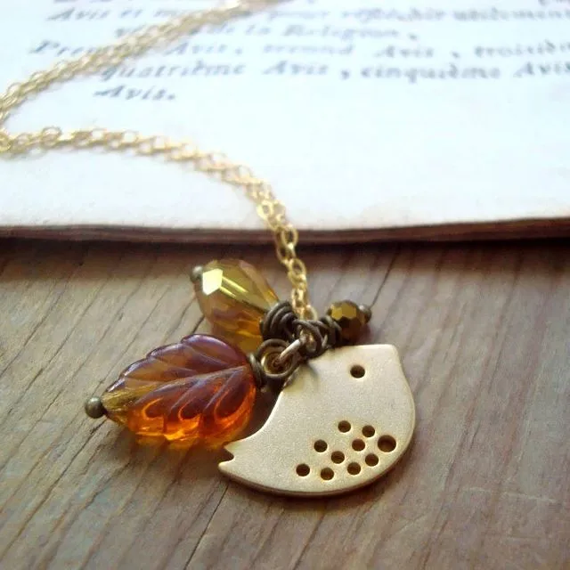 Autumn Bird Necklace With Crystal Fall Jewelry