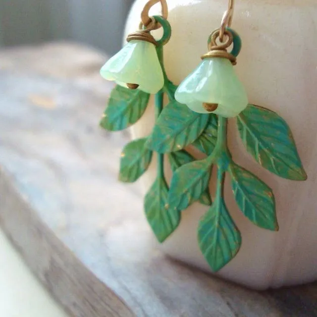 Green Painted Leaf Earrings With Blossom