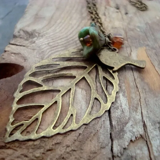 Large Brass Leaf Necklace with Blossoms and Bird